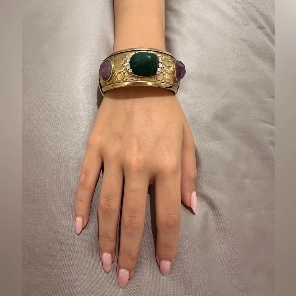 FABRIZIO GIANNONI Gold-Tone Cuff Bracelet with Green and Purple Stones